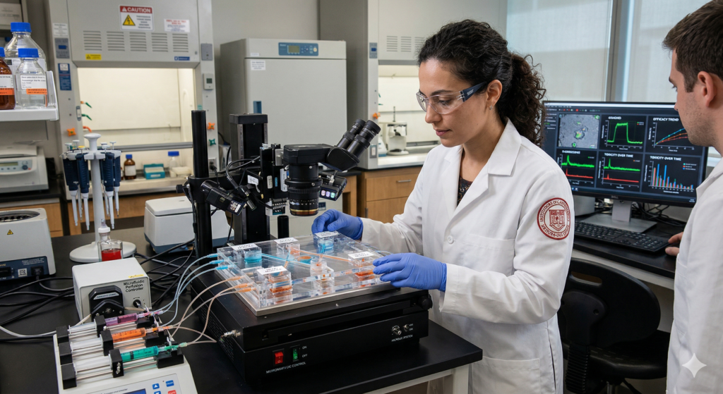 A laboratory researcher utilizing advanced 3D cell culture technology, representing the shift toward human-based drug testing models under the FDA Modernization Act 2.0.